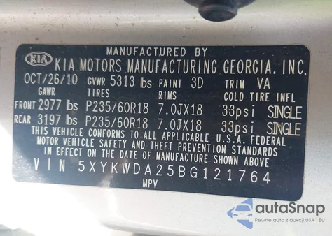 2011 Kia Sorento Sx V6 из США, поврежденный, VIN 5XYKWDA25BG121764